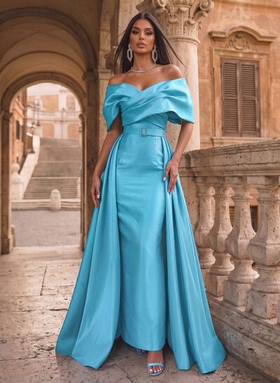 A-Line Off-The-Shoulder Sleeveless Floor-Length Satin Evening Dresses