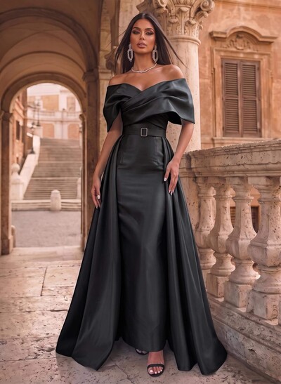 A-Line Off-The-Shoulder Sleeveless Floor-Length Satin Evening Dresses