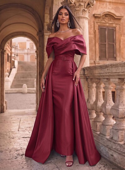 A-Line Off-The-Shoulder Sleeveless Floor-Length Satin Evening Dresses