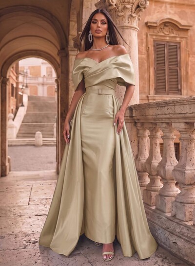 A-Line Off-The-Shoulder Sleeveless Floor-Length Satin Evening Dresses