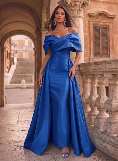 A-Line Off-The-Shoulder Sleeveless Floor-Length Satin Evening Dresses