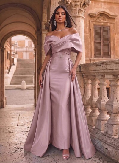 A-Line Off-The-Shoulder Sleeveless Floor-Length Satin Evening Dresses