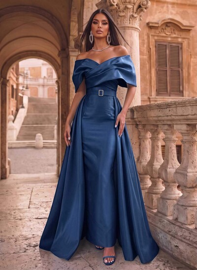 A-Line Off-The-Shoulder Sleeveless Floor-Length Satin Evening Dresses