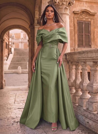 A-Line Off-The-Shoulder Sleeveless Floor-Length Satin Evening Dresses