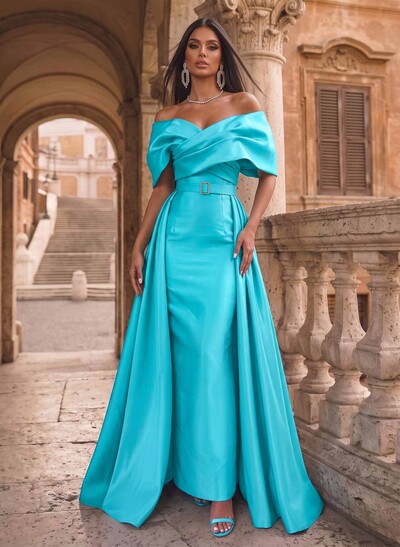 A-Line Off-The-Shoulder Sleeveless Floor-Length Satin Evening Dresses