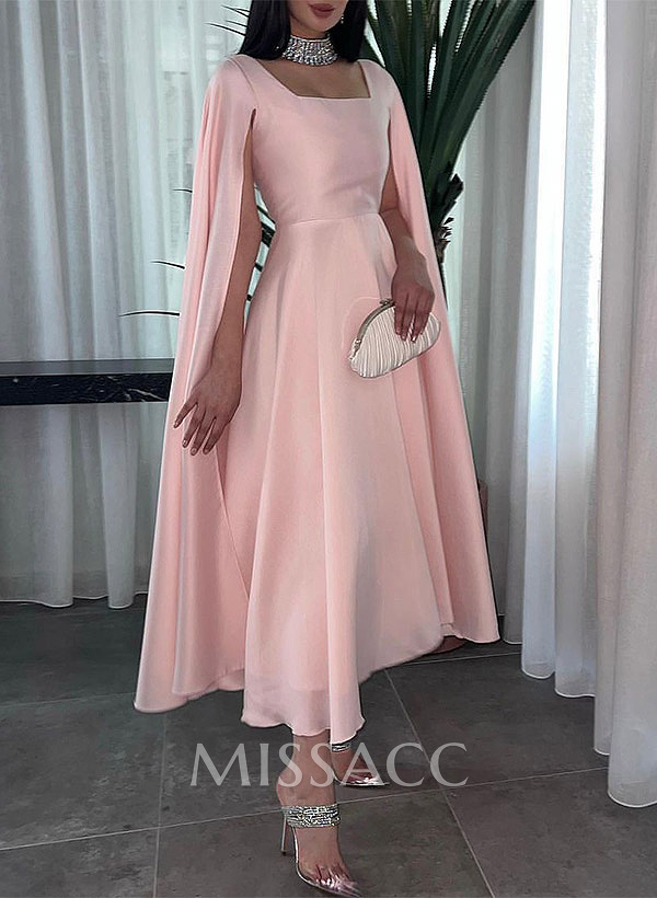A-Line Square Neckline Sleeveless Ankle-Length Chiffon Evening Dresses