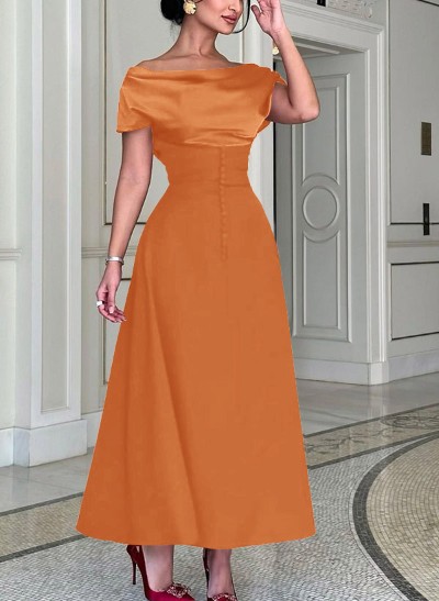 A-Line Off-The-Shoulder Sleeveless Ankle-Length Elastic Satin Evening Dresses