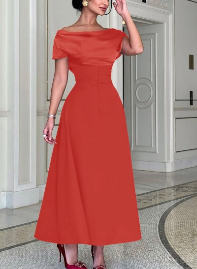 A-Line Off-The-Shoulder Sleeveless Ankle-Length Elastic Satin Evening Dresses