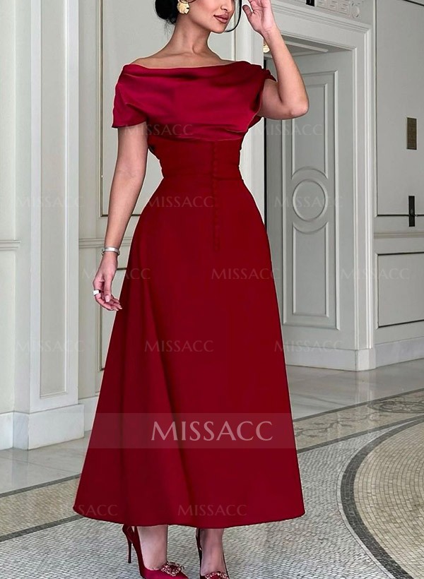 A-Line Off-The-Shoulder Sleeveless Ankle-Length Elastic Satin Evening Dresses