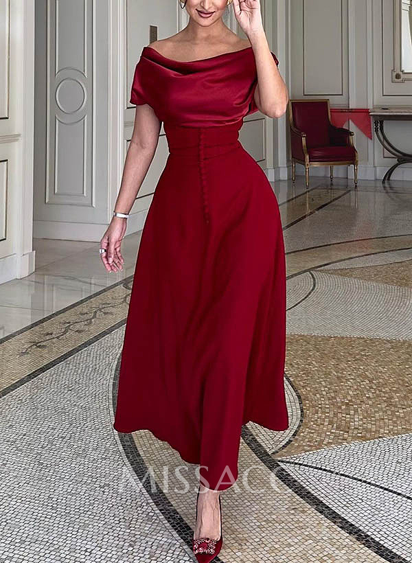 A-Line Off-The-Shoulder Sleeveless Ankle-Length Elastic Satin Evening Dresses