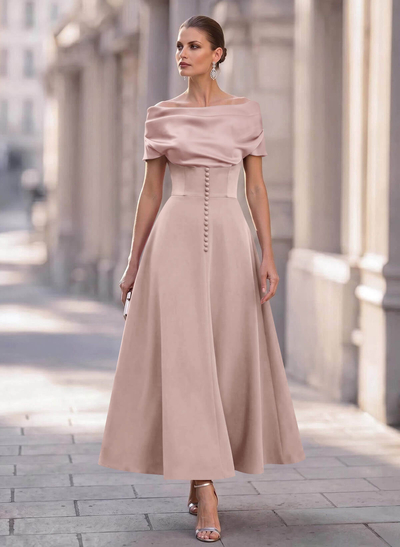 A-Line Off-The-Shoulder Sleeveless Ankle-Length Elastic Satin Evening Dresses