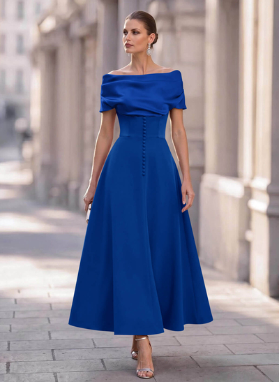 A-Line Off-The-Shoulder Sleeveless Ankle-Length Elastic Satin Evening Dresses