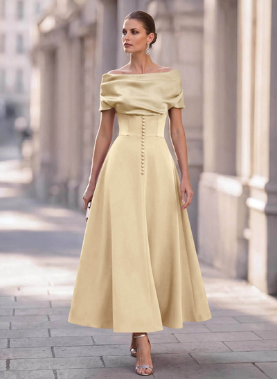 A-Line Off-The-Shoulder Sleeveless Ankle-Length Elastic Satin Evening Dresses