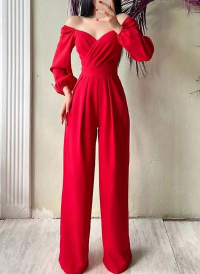 Jumpsuit/Pantsuit Off-The-Shoulder Long Sleeves Silk Like Satin Evening Dresses