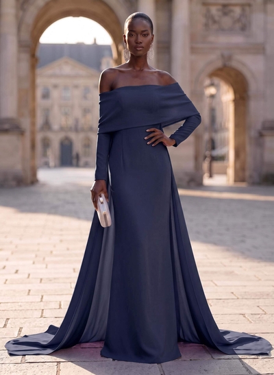 Sheath/Column Off-The-Shoulder Long Sleeves Elastic Satin Evening Dresses