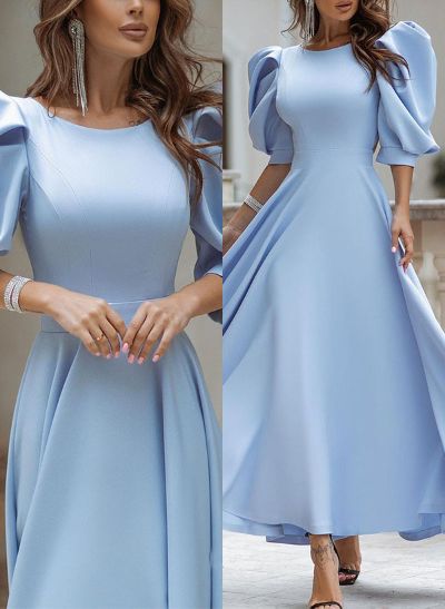 A-Line Scoop Neck Short Sleeves Satin Evening Dresses With Back Hole