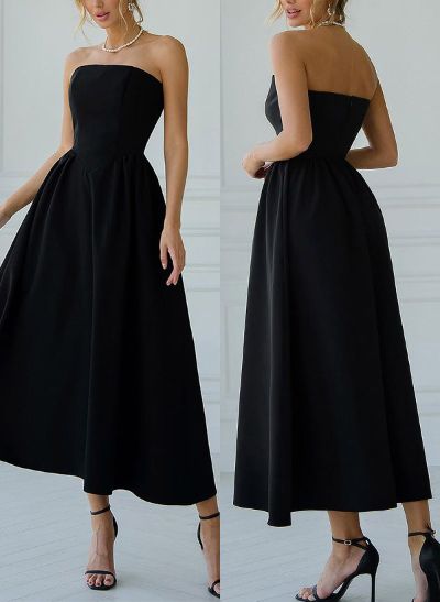 A-Line Strapless Sleeveless Ankle-Length Elastic Satin Evening Dresses