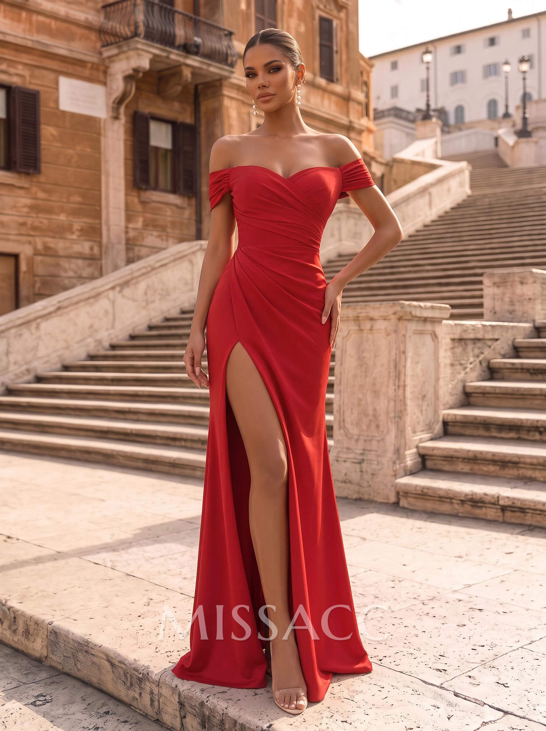 Sheath/Column Off-The-Shoulder Sleeveless Jersey Evening Dresses With High Split