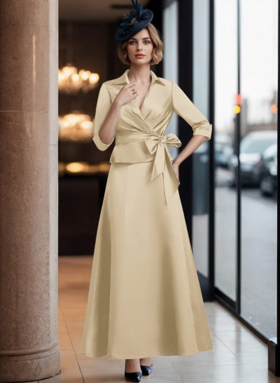 A-Line V-Neck 3/4 Sleeves Satin Mother Of The Bride Dresses With Sash