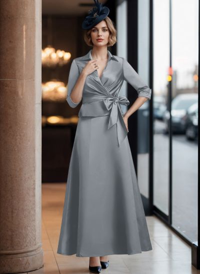 A-Line V-Neck 3/4 Sleeves Satin Mother Of The Bride Dresses With Sash