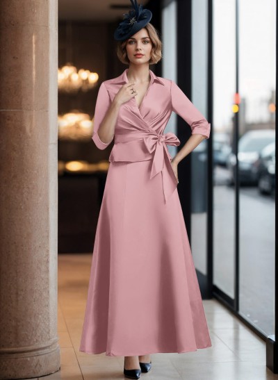 A-Line V-Neck 3/4 Sleeves Satin Mother Of The Bride Dresses With Sash