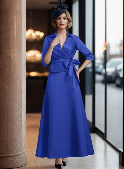 A-Line V-Neck 3/4 Sleeves Satin Mother Of The Bride Dresses With Sash