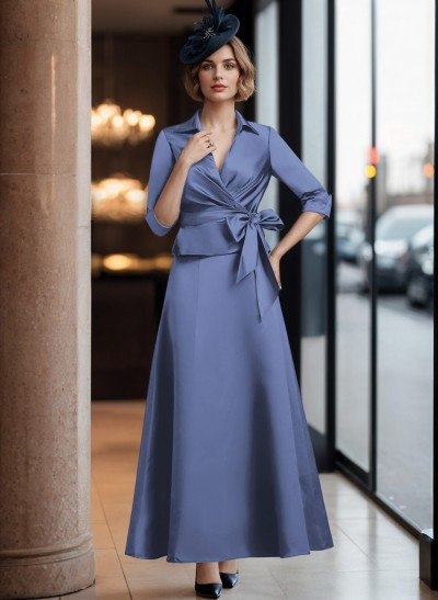 A-Line V-Neck 3/4 Sleeves Satin Mother Of The Bride Dresses With Sash