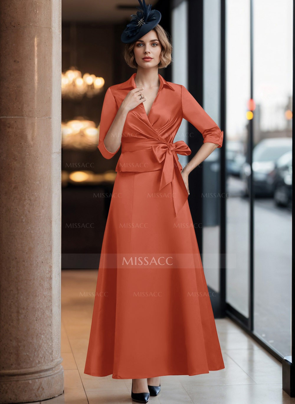 A-Line V-Neck 3/4 Sleeves Satin Mother Of The Bride Dresses With