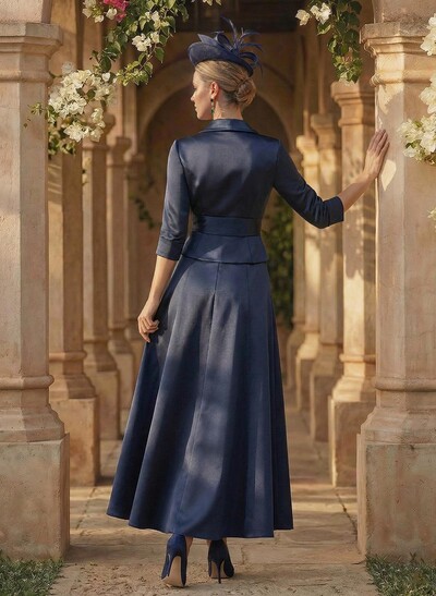 A-Line V-Neck 3/4 Sleeves Satin Mother Of The Bride Dresses With Sash