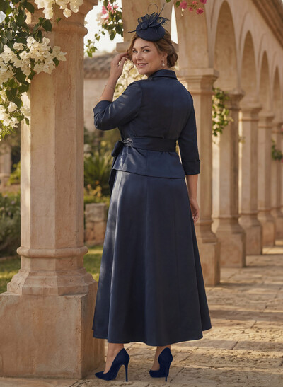 A-Line V-Neck 3/4 Sleeves Satin Mother Of The Bride Dresses With Sash