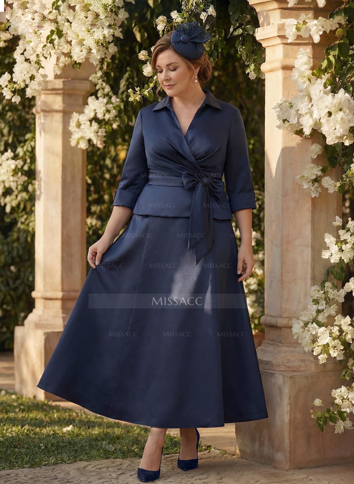 A-Line V-Neck 3/4 Sleeves Satin Mother Of The Bride Dresses With Sash