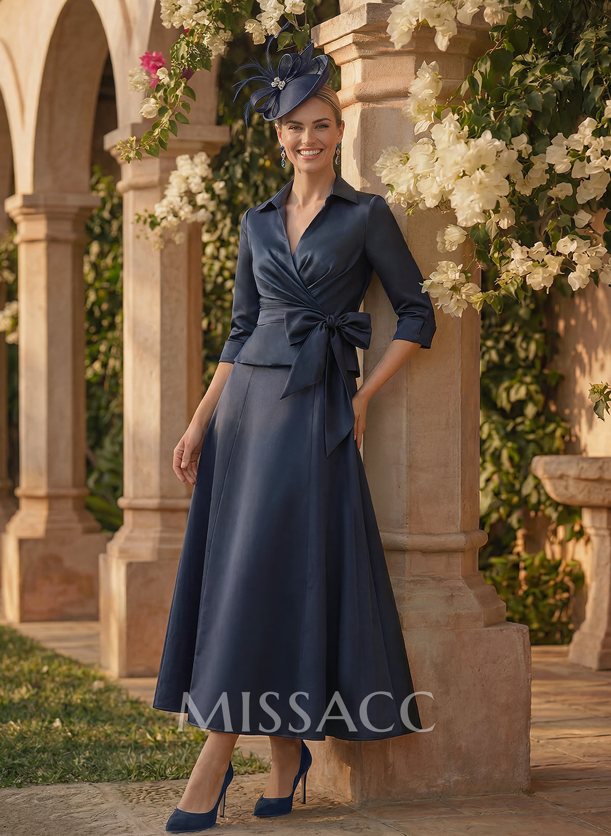 A-Line V-Neck 3/4 Sleeves Satin Mother Of The Bride Dresses With Sash