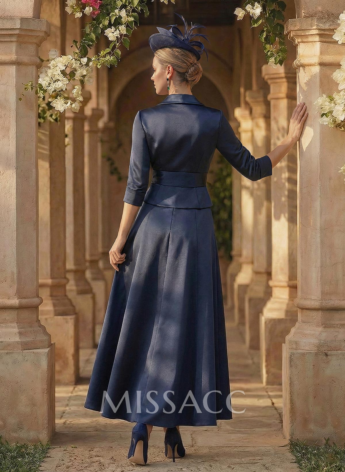 A-Line V-Neck 3/4 Sleeves Satin Mother Of The Bride Dresses With Sash