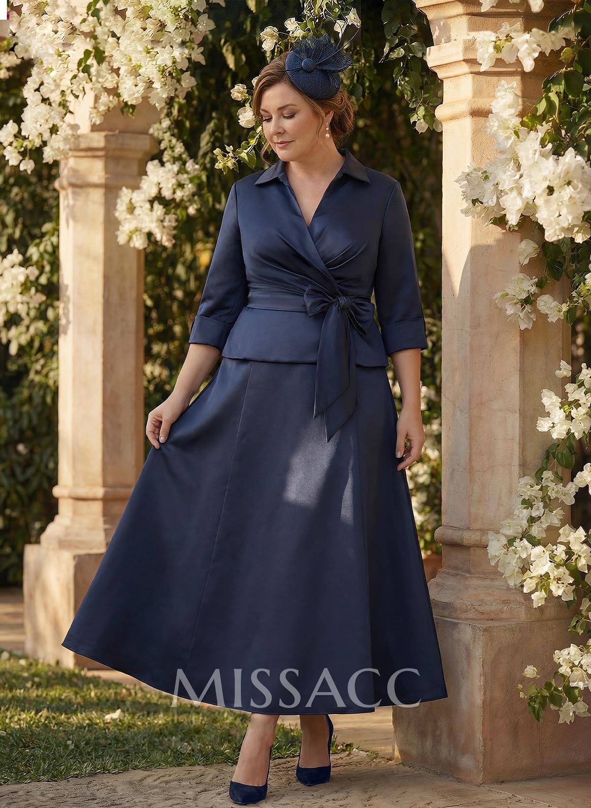 A-Line V-Neck 3/4 Sleeves Satin Mother Of The Bride Dresses With Sash