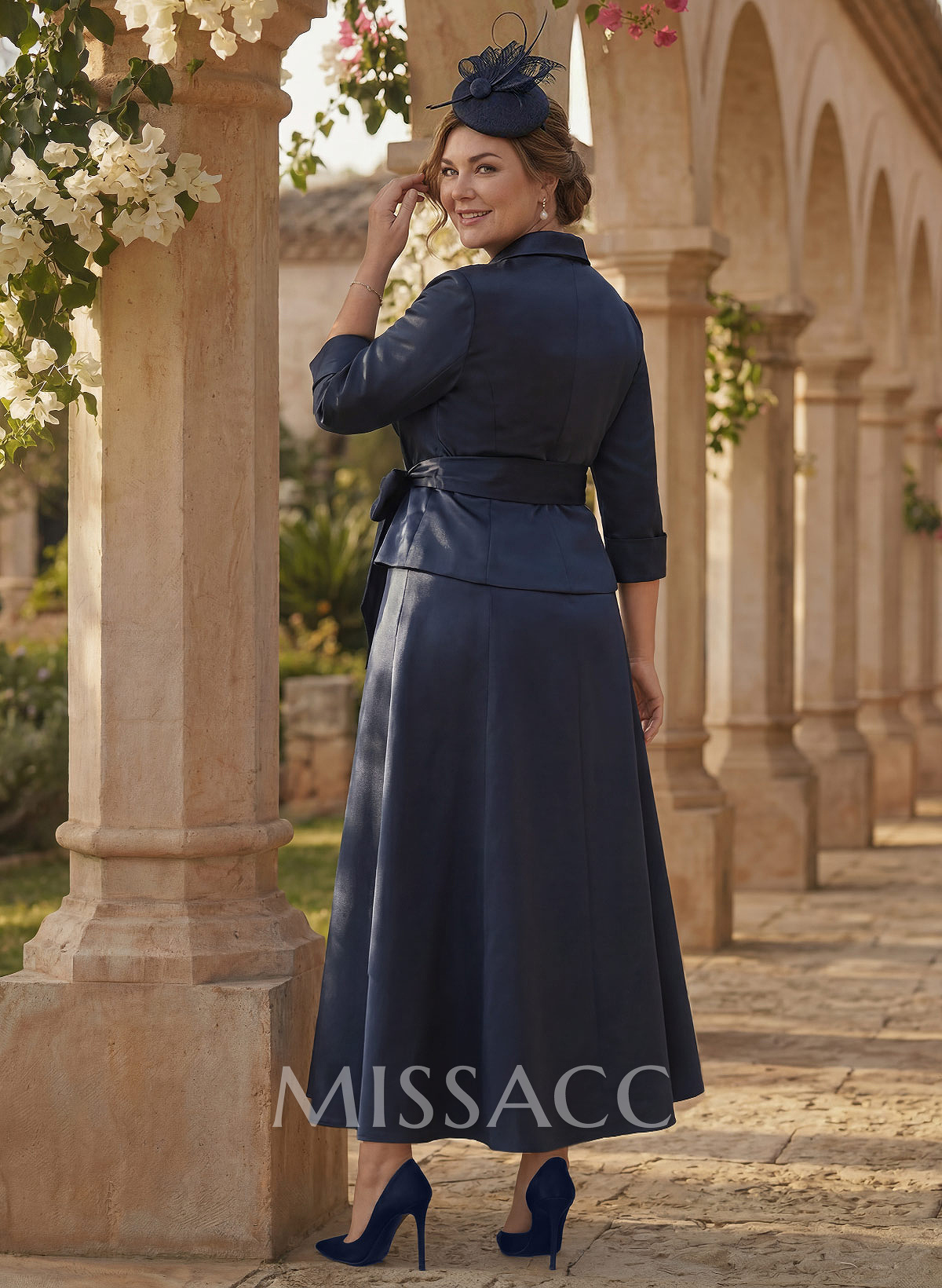 A-Line V-Neck 3/4 Sleeves Satin Mother Of The Bride Dresses With Sash