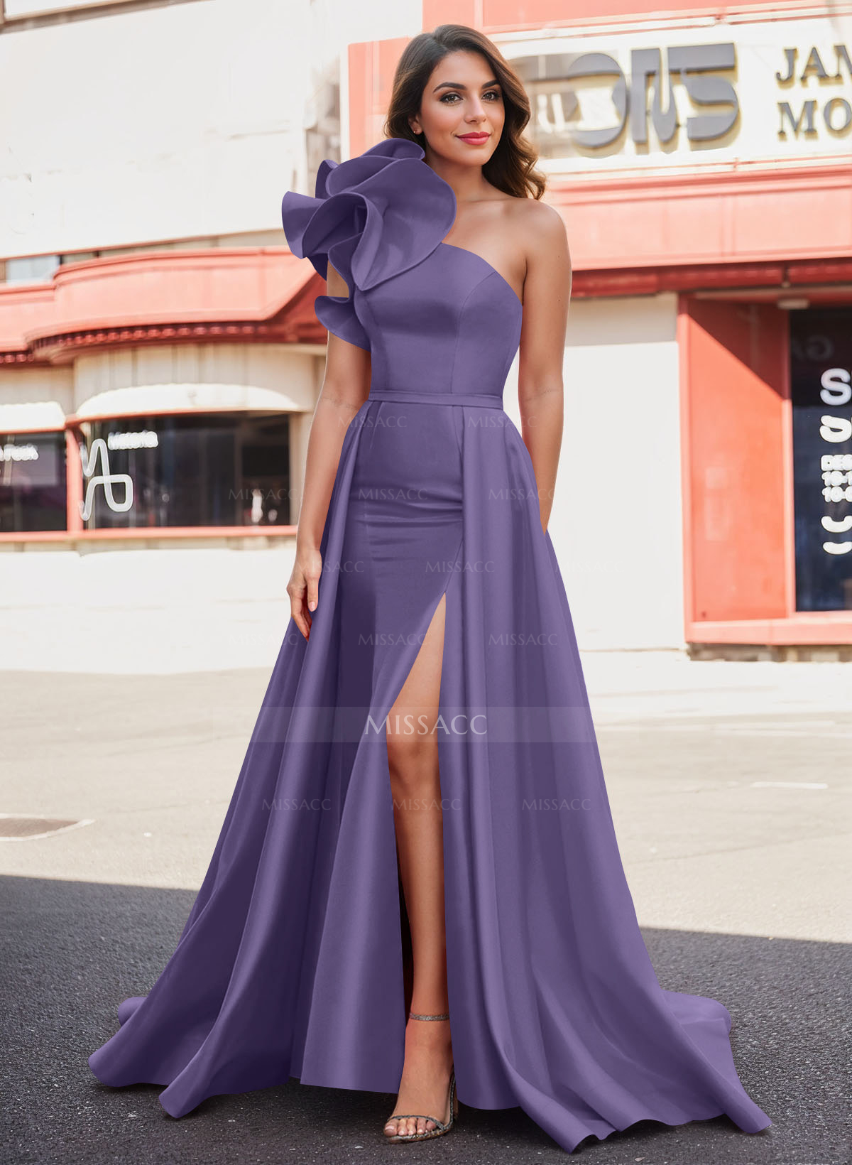 Vestidos De Madre De La Novia De Satén Con Un Solo Hombro Y Flores - Missacc, image size:1200x1640