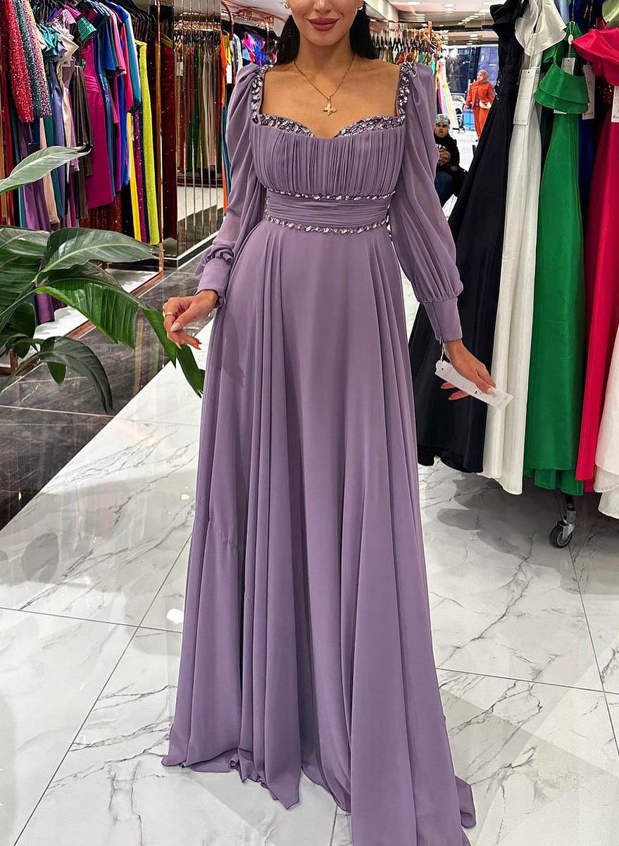 Long Sleeves A-Line Pleated Mother Of The Bride Dresses With Beading
