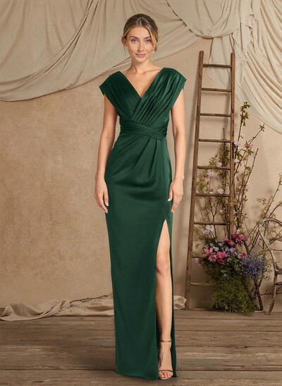 V-Neck Pleated Crepe Satin Sheath/Column Mother Of The Bride Dresses