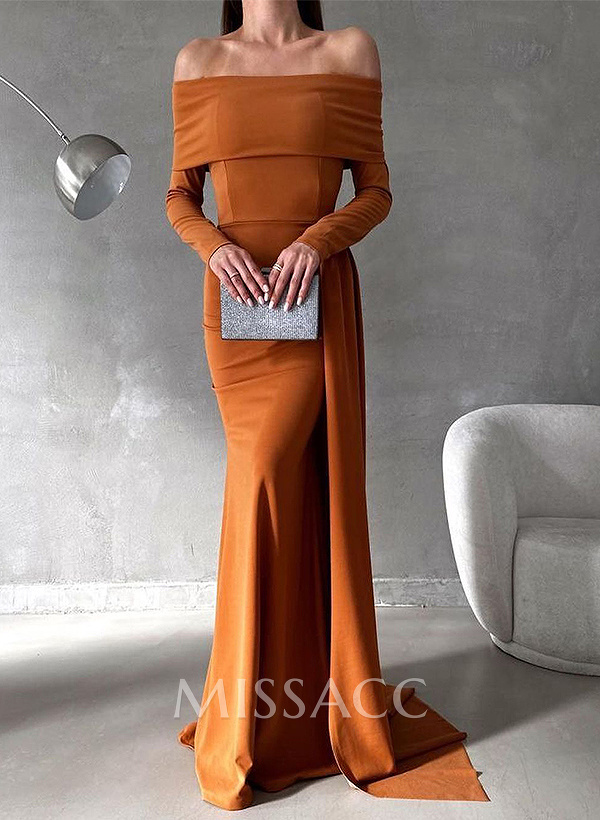 Off-The-Shoulder Long Sleeves Elastic Satin Mother Of The Bride Dresses