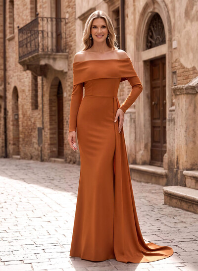 Off-The-Shoulder Long Sleeves Elastic Satin Mother Of The Bride Dresses