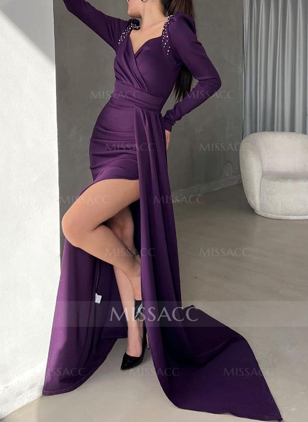Sheath/Column Long Sleeves Elastic Satin Mother Of The Bride Dresses With Split Front
