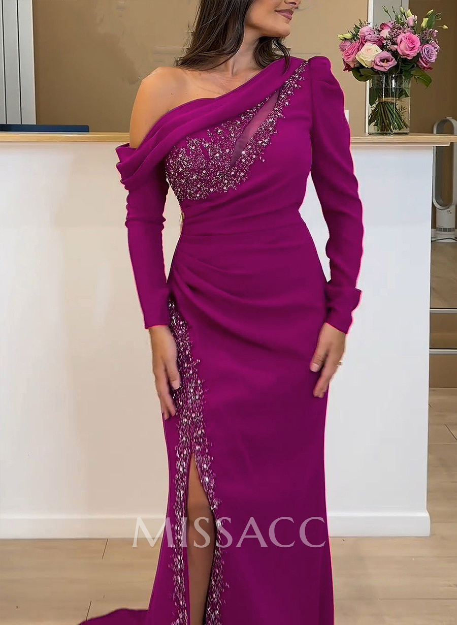 Long Sleeves Asymmetrical Neck Beading Mother Of The Bride Dresses With Sheath/Column Long Sleeves Asymmetrical Neck Beading Mother Of The Bride Dresses With Sheath/Column
