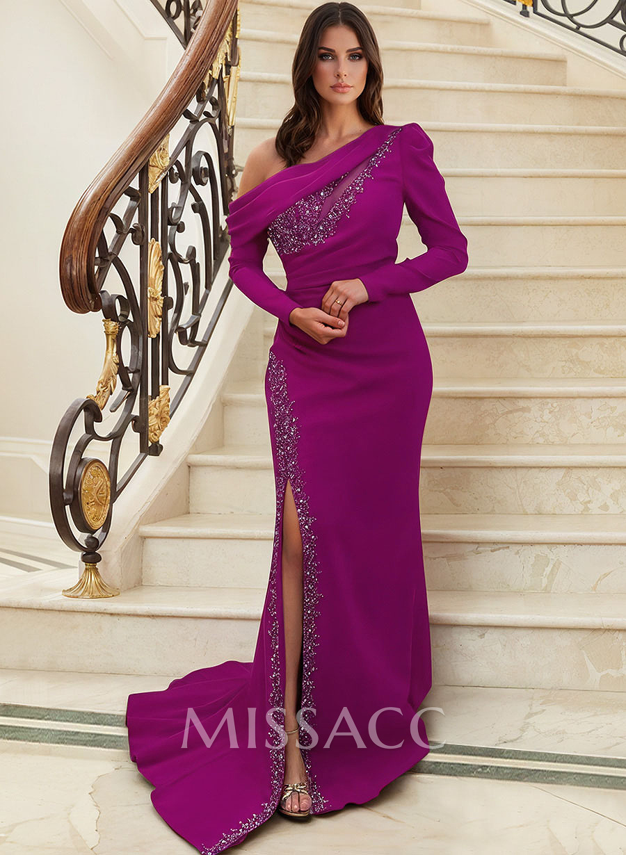 Long Sleeves Asymmetrical Neck Beading Mother Of The Bride Dresses With Sheath/Column Long Sleeves Asymmetrical Neck Beading Mother Of The Bride Dresses With Sheath/Column