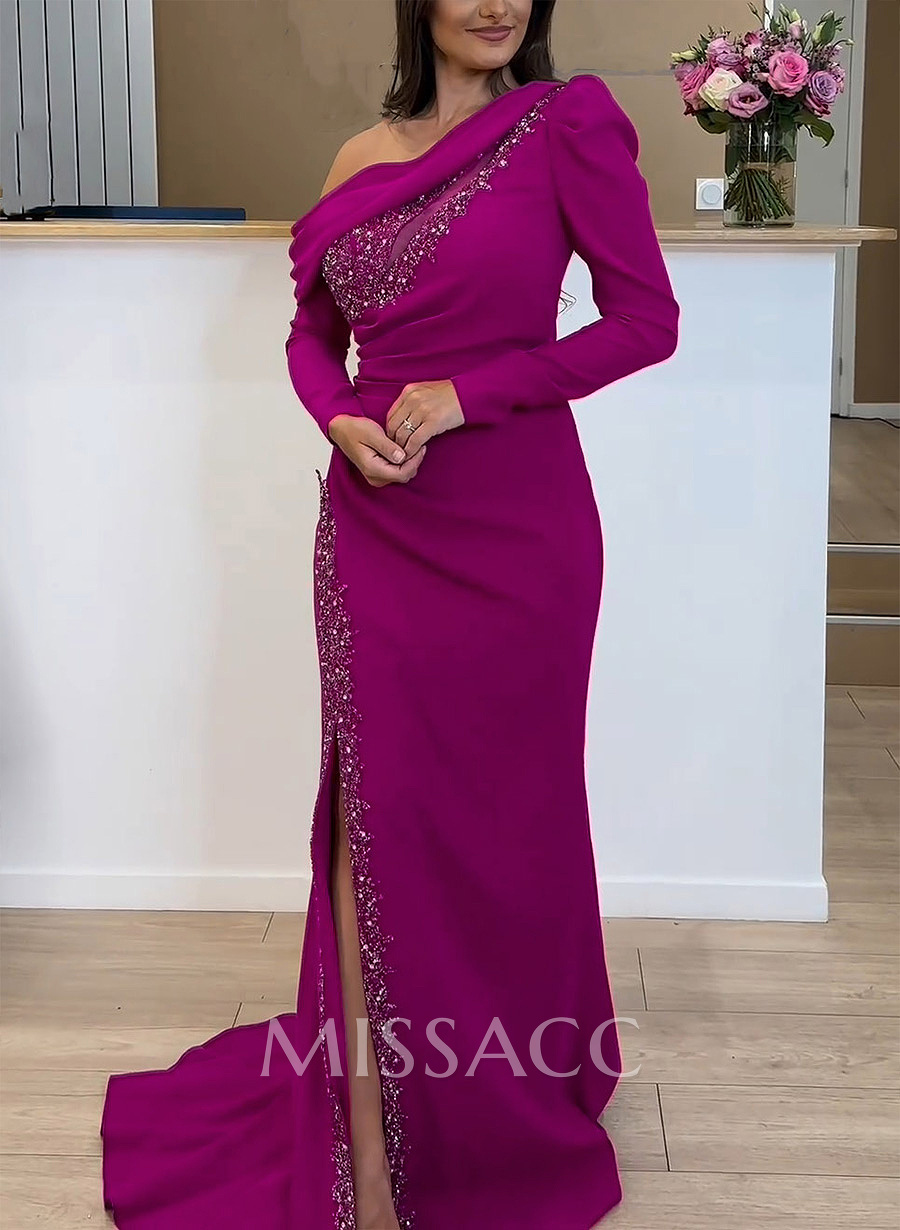 Long Sleeves Asymmetrical Neck Beading Mother Of The Bride Dresses With Sheath/Column Long Sleeves Asymmetrical Neck Beading Mother Of The Bride Dresses With Sheath/Column