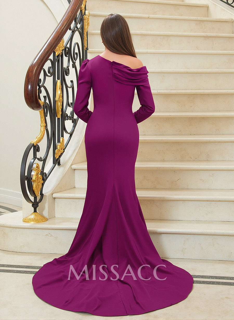 Long Sleeves Asymmetrical Neck Beading Mother Of The Bride Dresses With Sheath/Column Long Sleeves Asymmetrical Neck Beading Mother Of The Bride Dresses With Sheath/Column