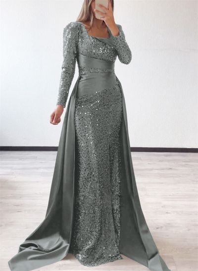 Square Neckline Long Sleeves Sequined Mother Of The Bride Dresses