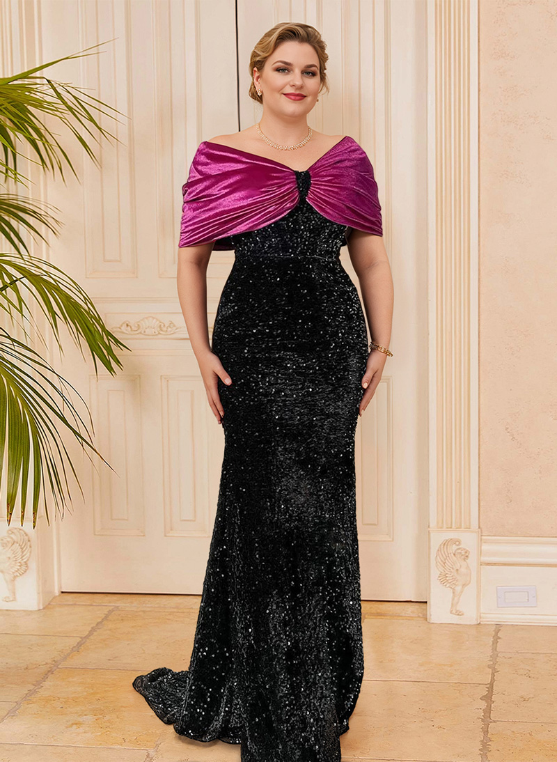 Sheath/Column Off-The-Shoulder Sequined Velvet Mother Of The Bride Dresses With Bow(s)