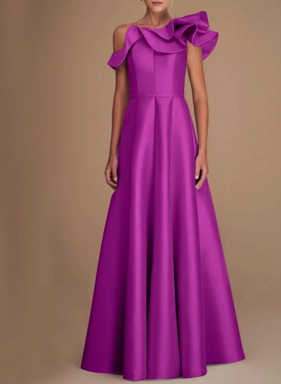 A-Line Asymmetrical Neck Satin Mother Of The Bride Dresses With Cascading Ruffles