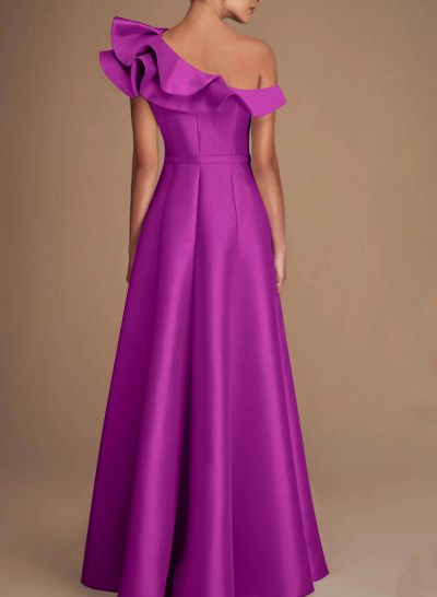 A-Line Asymmetrical Neck Satin Mother Of The Bride Dresses With Cascading Ruffles