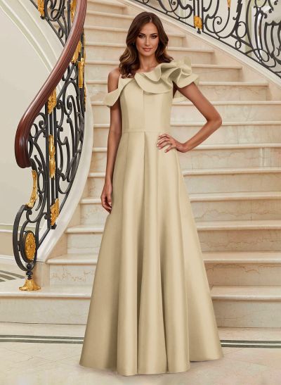 A-Line Asymmetrical Neck Satin Mother Of The Bride Dresses With Cascading Ruffles